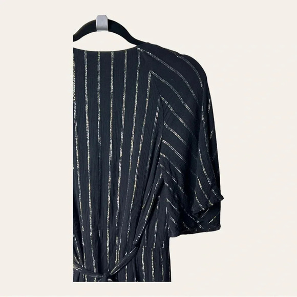 0408. MODCLOTH WRAP DRESS MAXI LENGTH BLACK WITH GOLD/SILVER IN COLOR STRIPES - Picture 9 of 15